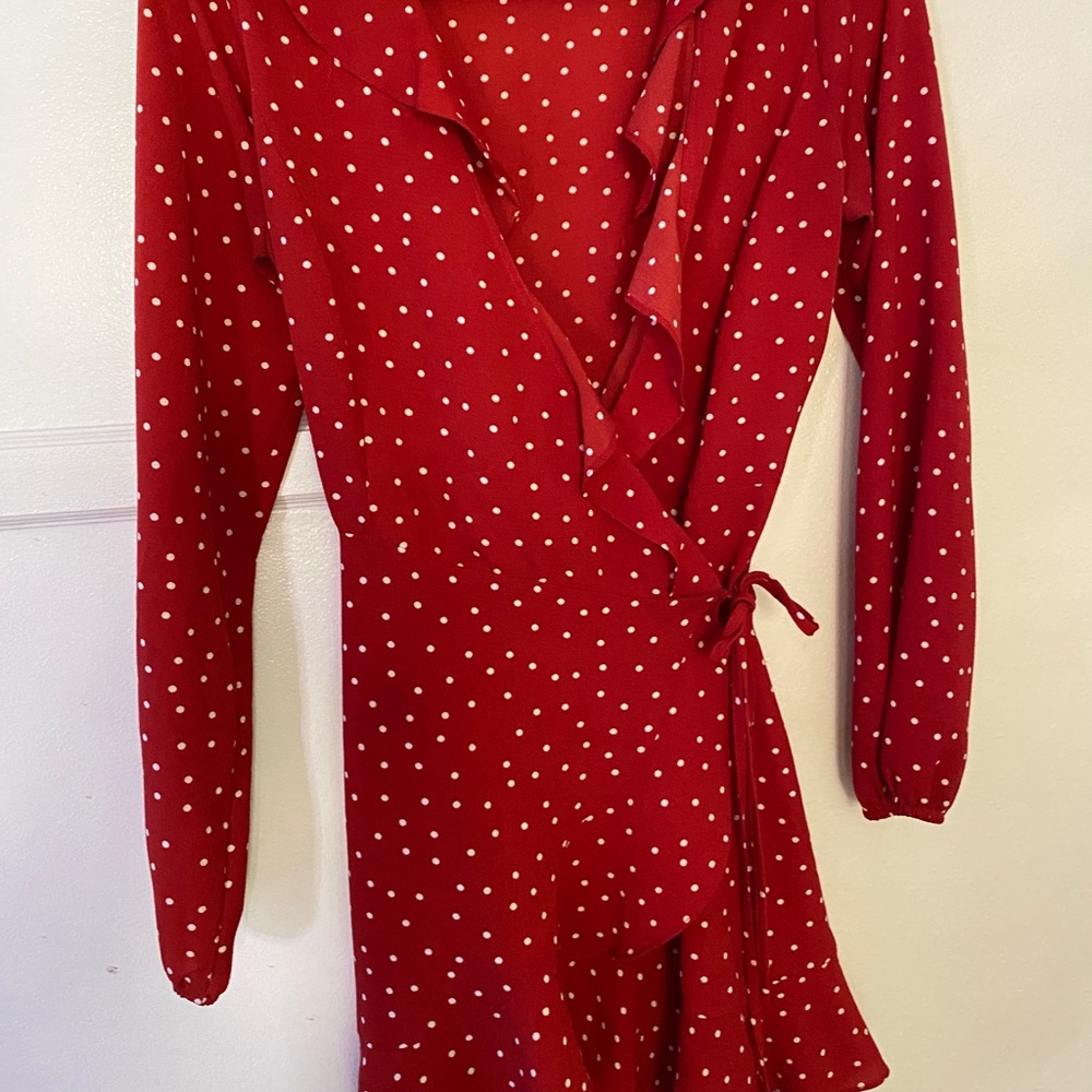 Wrap around red polka dot dress